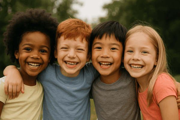 Niños felices abrazados sonriendo al aire libre, simbolizando amistad y diversidad.
